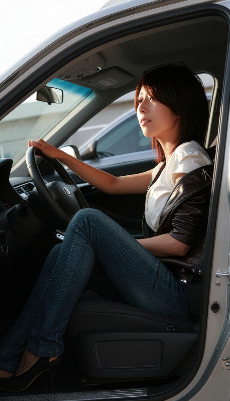 車の運転席に座る若い女性を横から撮影した写実的な写真。