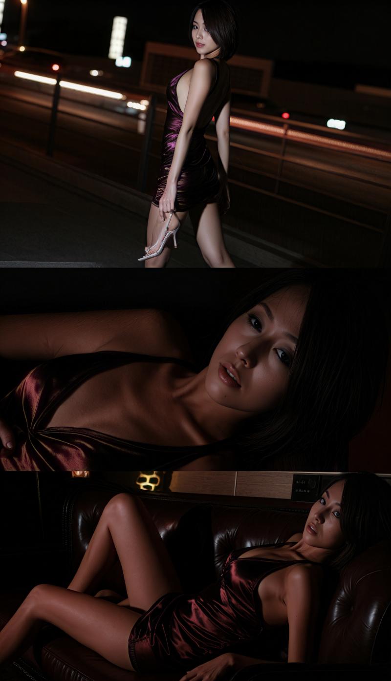 豪華な雰囲気の中で、タイトなワインレッドのサテンのドレスを着てポーズをとる女性を、コ...。