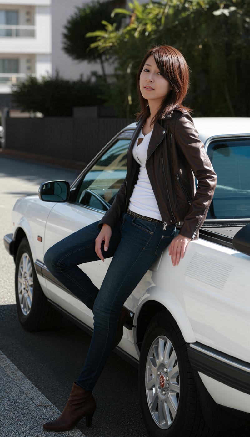 茶色の革のジャケットとジーンズを着て白い車のボンネットに座っている若い女性を横から撮...。