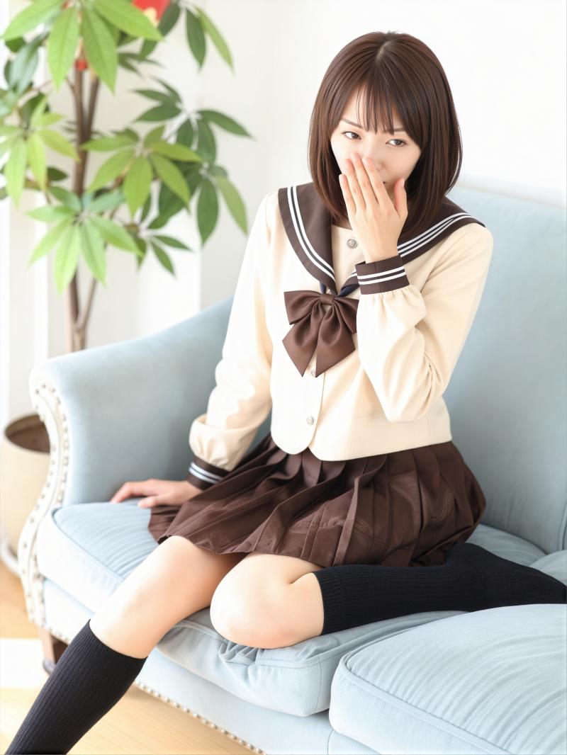 大きな茶色のリボンが付いた白いカーディガン、茶色のプリーツスカート、黒いニーハイソッ...。