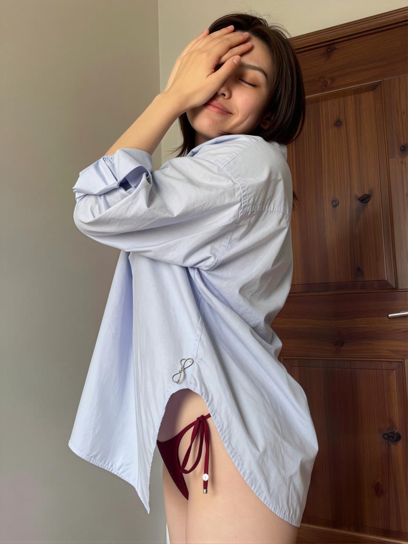 木製のドアの前に立って目を手で覆っている若い女性を横から撮影した写実的な写真。