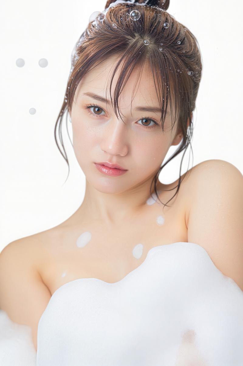 白い泡で満たされた浴槽に座っている、白い肌と茶色の髪を乱雑なお団子で束ねた若い女性の...。