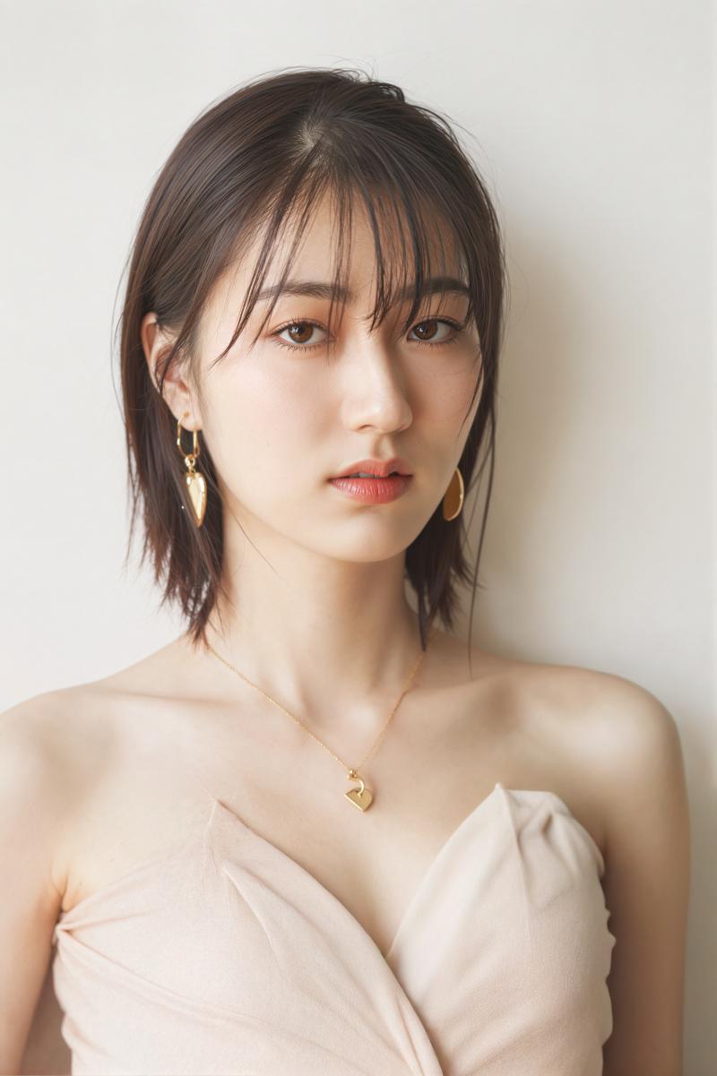 ミニマルな服とゴールドのアクセサリーを身に着けた、ニュートラルな表情の若い女性をポー...。