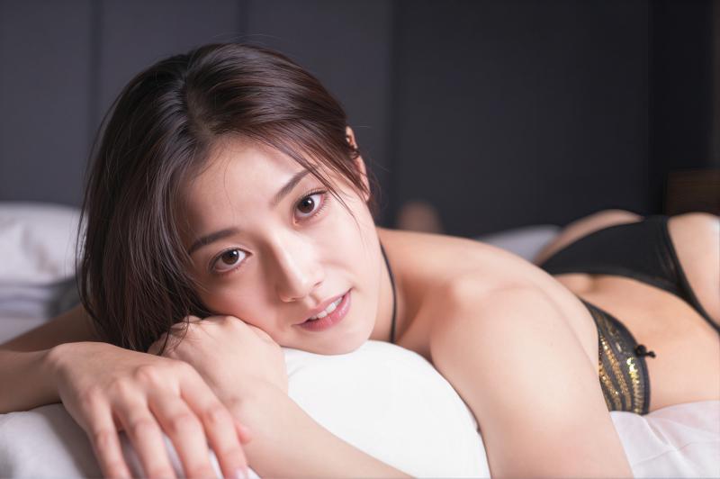 ベッドに横たわり、リラックスした表情でカメラを見つめる若い女性をクローズアップカメラ...。