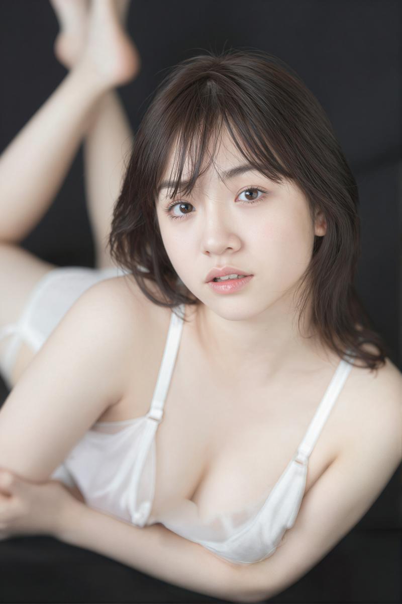 白いブラジャーを着け、黒い表面にうつぶせに横たわる若い女性を、クローズアップ カメラ...。