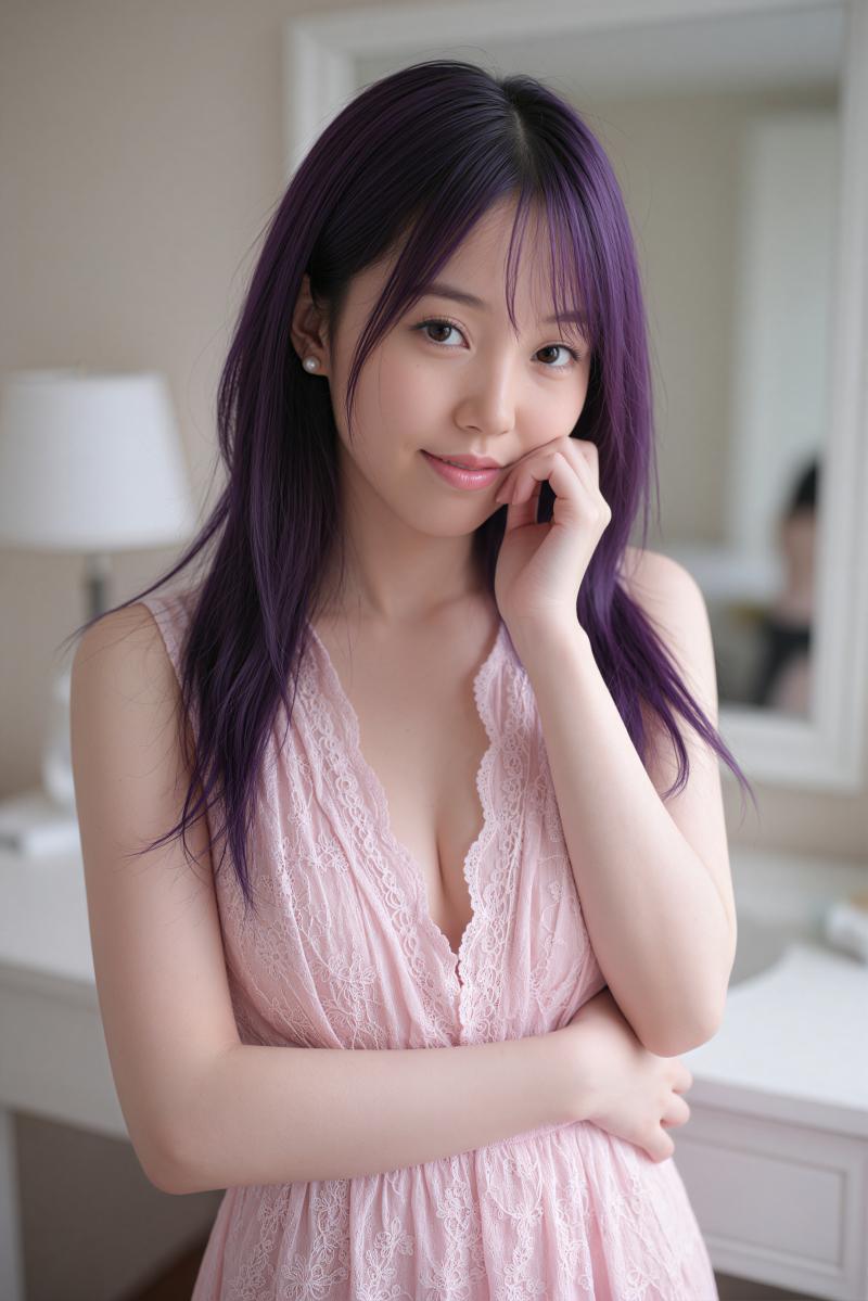 居心地の良い寝室の環境でポーズをとる長い紫色の髪の若い女性をポートレート アングルか...。