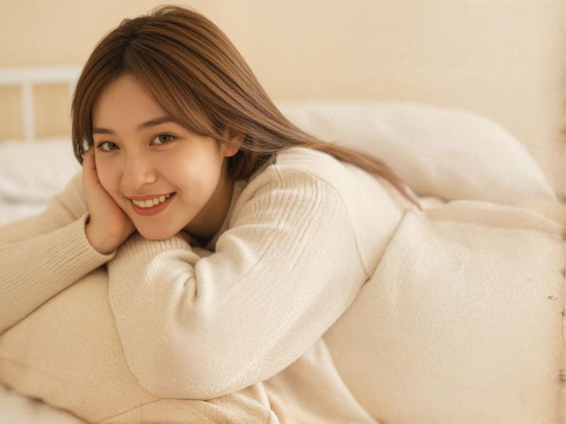 ベッドに横たわり、リラックスした表情でカメラに微笑む若い女性の写実的なポートレート。