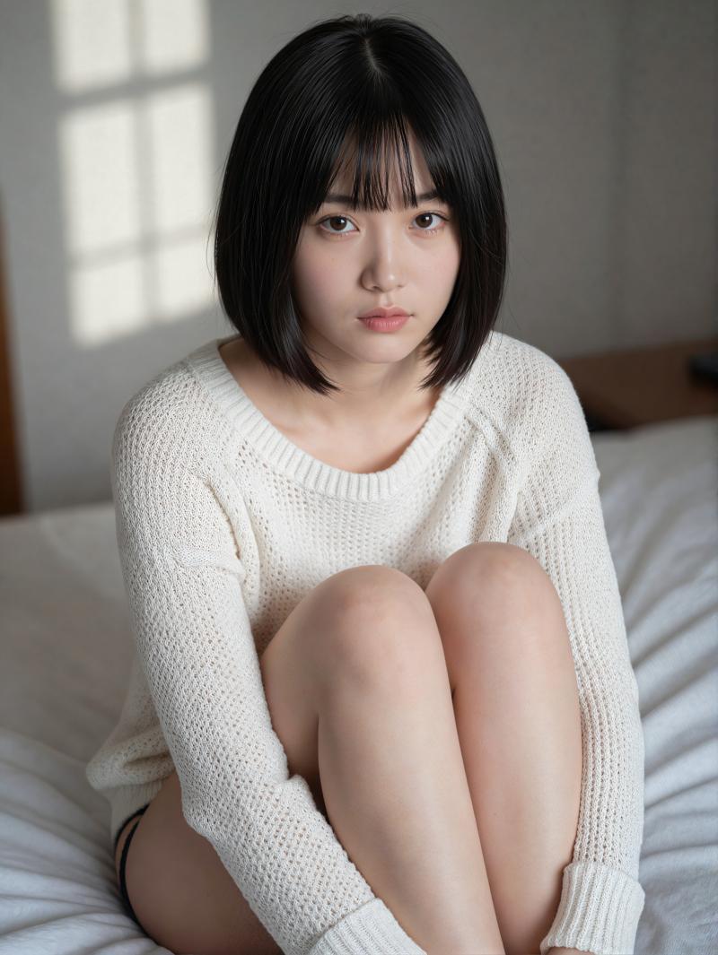 白いニットを着た若い女性が瞑想的な表情でベッドに座っている様子を、正面カメラのアング...。