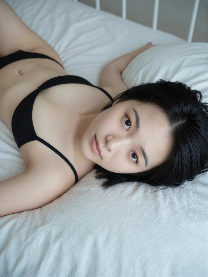 ベッドに横たわり、無表情でカメラを見つめる若い女性をクローズアップアングルから写実的...。