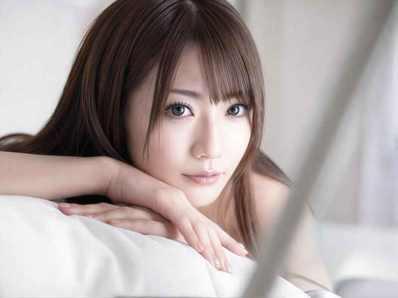 長く真っ直ぐな茶色の髪と印象的な青い目を持ち、カメラを直接見つめながら顎を手に乗せた...。