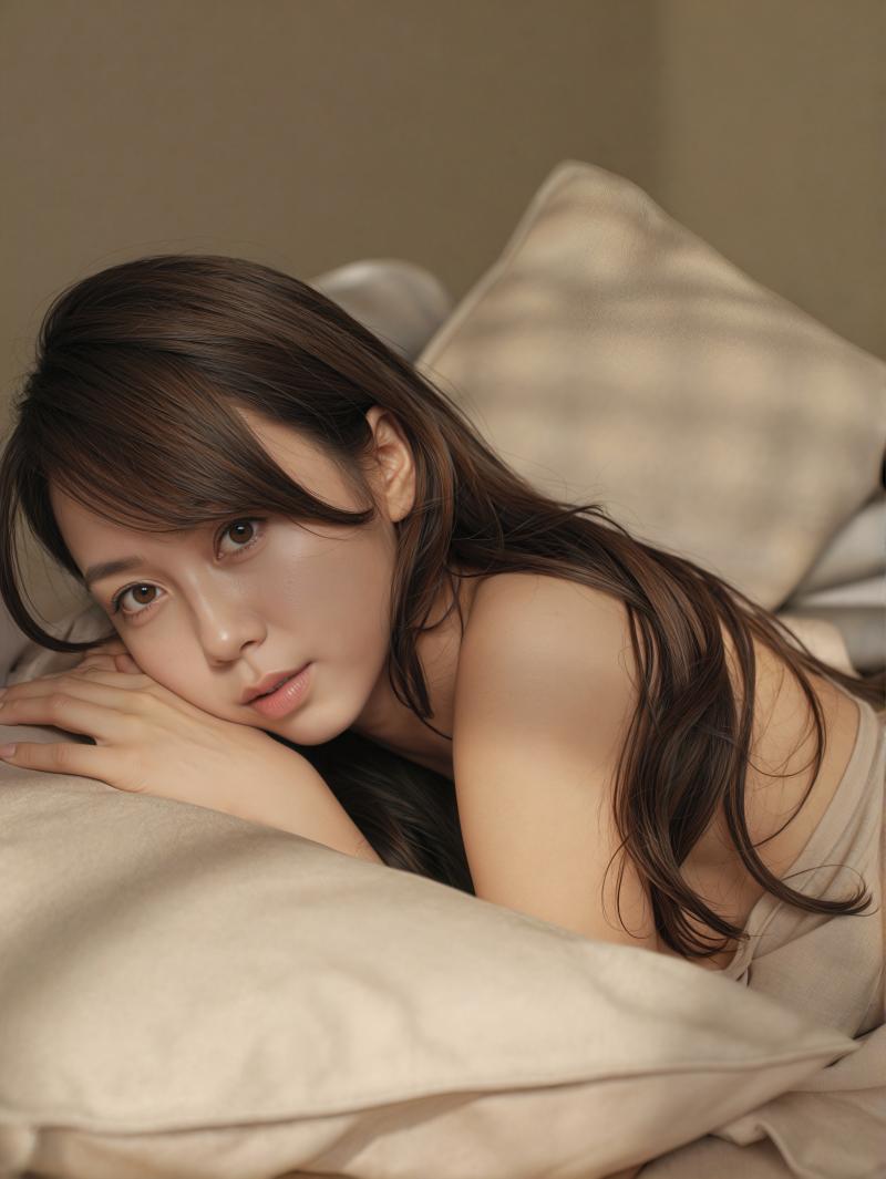 柔らかいベージュの枕と毛布を備えたベッドで休んで、思慮深い表情で見る人を見つめている...。