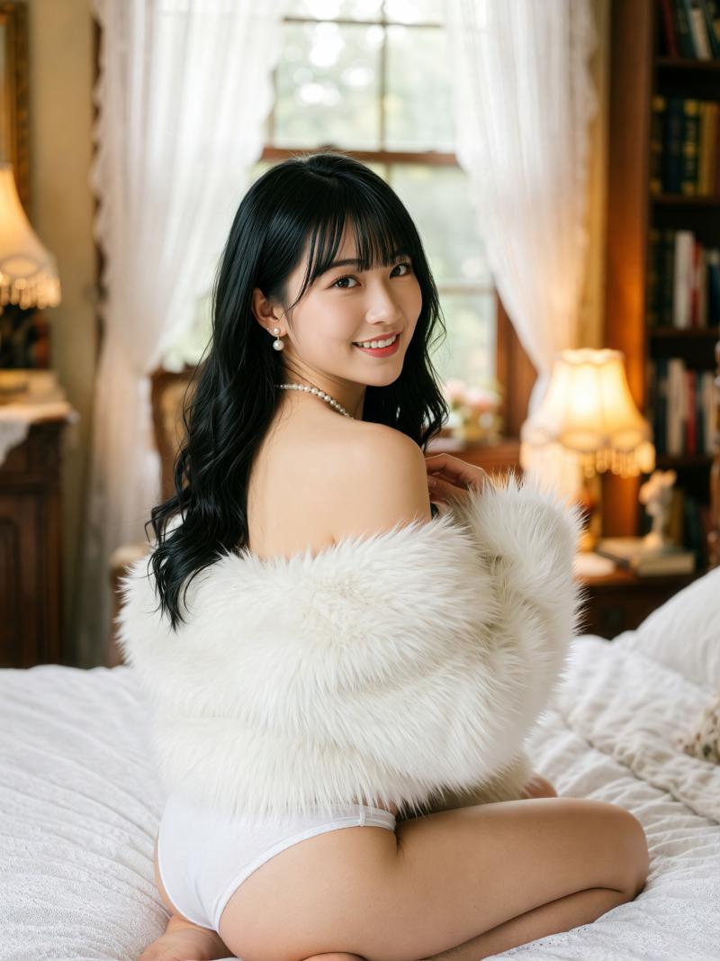 ふわふわの白い毛皮のコートと白い下着を着て、居心地の良い寝室のベッドに座っている若い...。