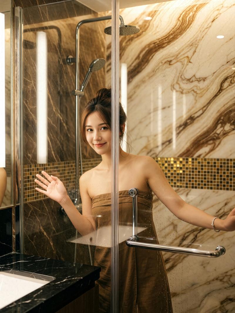 大理石の壁とガラスのシャワー室を備えたモダンなバスルームに立つ若い女性を正面カメラの...。