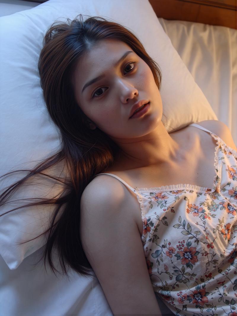 ベッドに横たわり、瞑想的な表情でカメラをまっすぐ見つめている若い女性をクローズアップ...。