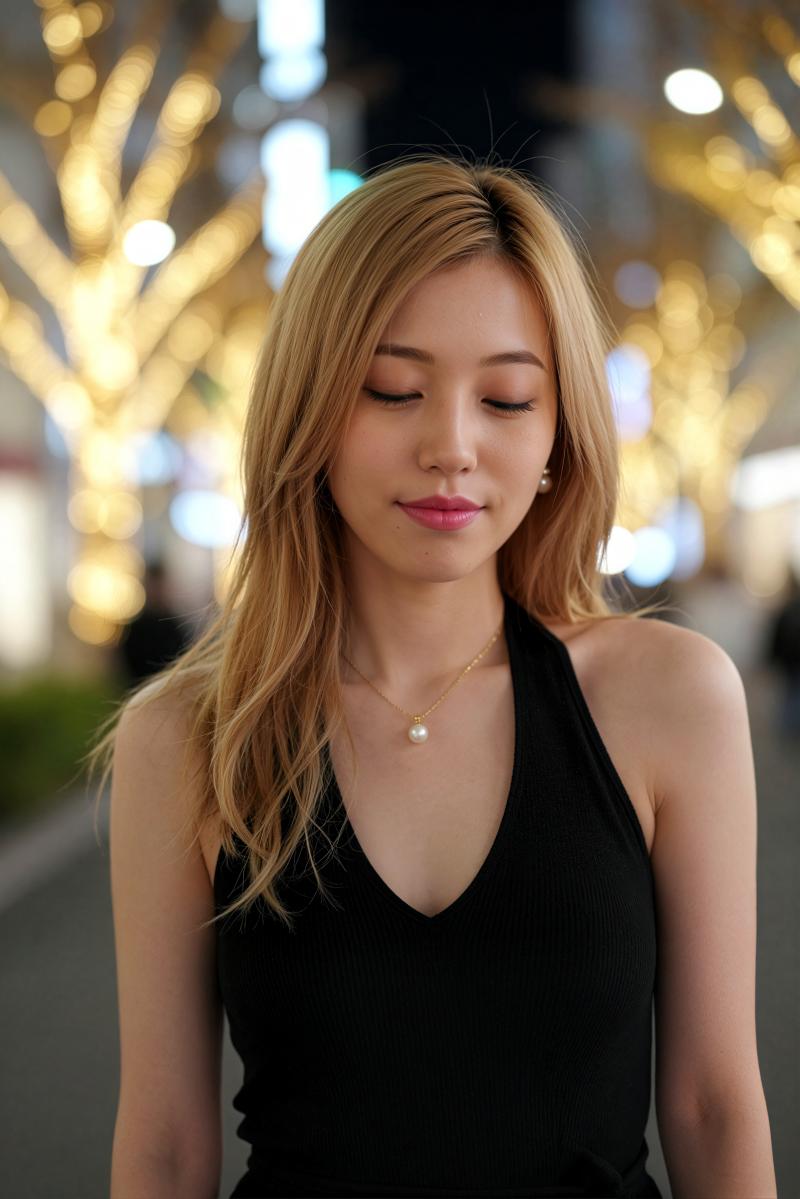 深い V ネックの黒いノースリーブ トップと真珠のネックレスを着た、長くまっすぐなブ...。