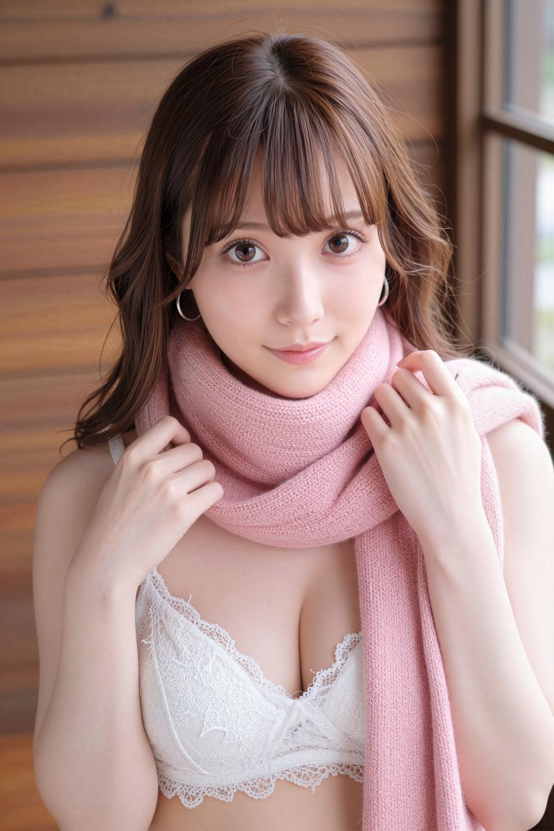 白いレースのブラジャーとピンクのスカーフを身に着け、居心地の良い室内環境でポーズをと...。