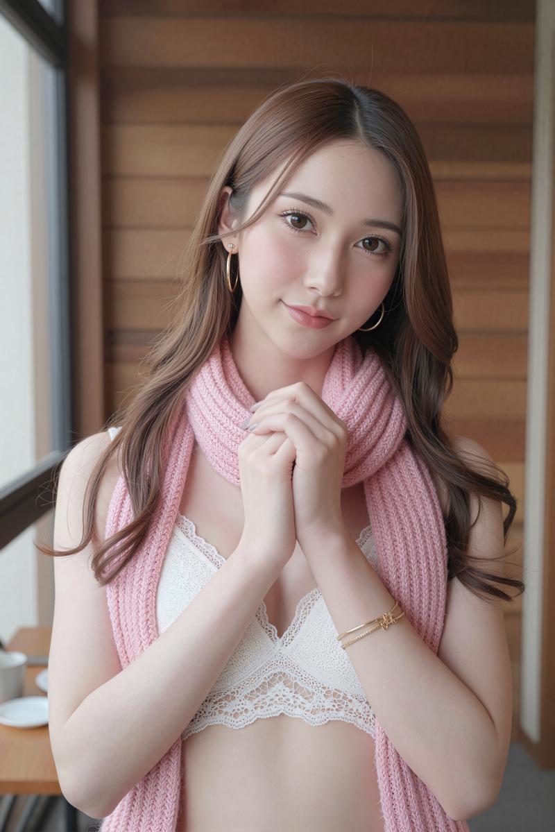 白いレースのクロップトップとピンクのニットスカーフを身に着けた、ウェーブのかかった茶...。